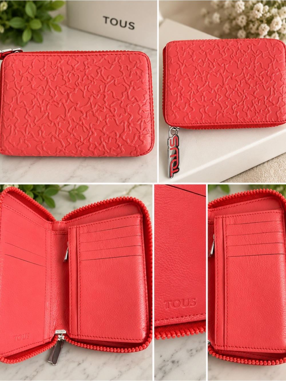 TOUS Coral Red Embossed Leather Zip Card Holder